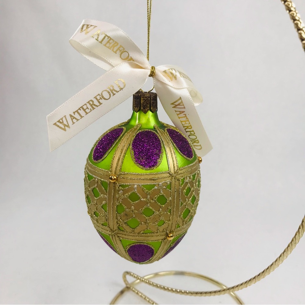 Waterford Holiday Heirlooms Lismore Holiday Egg Ornament Green Purple Gold